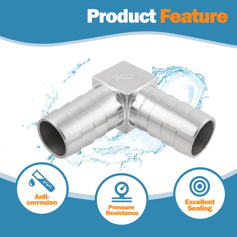 Yoebor Metalwork 304 Stainless Steel Hose Barb Fitting 90 Degree L Right Angle Elbow, 1-1/4" Barbed x 1-1/4" Barbed, Pack of 2 - Image 4
